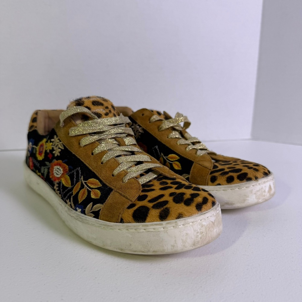 Johnny Was Women Leopard Calf Hair Floral Embroidered Sneakers Gold Laces 8.5